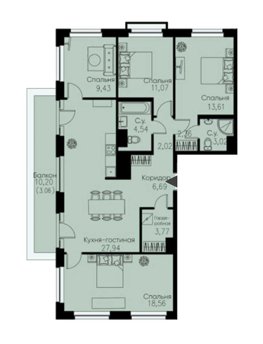 Четырехкомнатная квартира в Евроинвест девелопмент: площадь 106.07 м2 , этаж: 9 – купить в Санкт-Петербурге